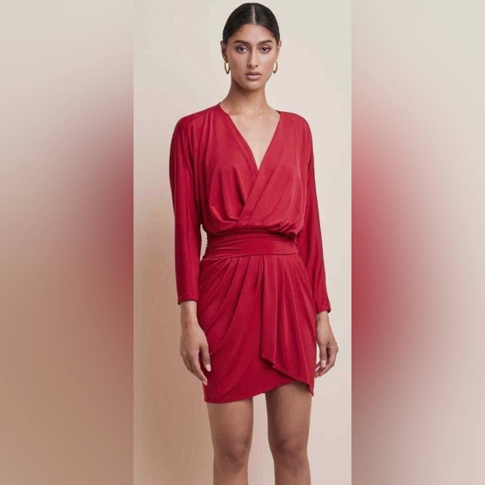 Krisa Revolve Red Drape Skirt Surplice mini Dress NWT small